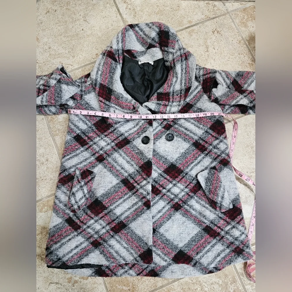New Collection Italy Women M Red Plaid Wool Blend Coat Mod Oversized Collar Rare - Picture 6 of 7